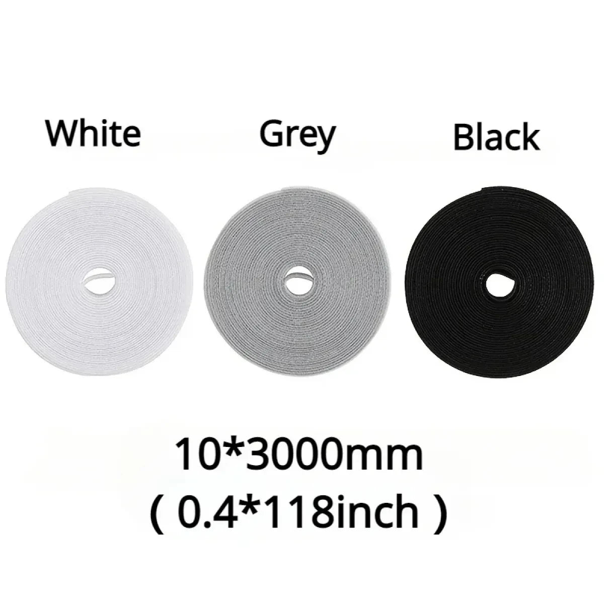 Three spools of hook and loop cable ties in white, grey, and black.