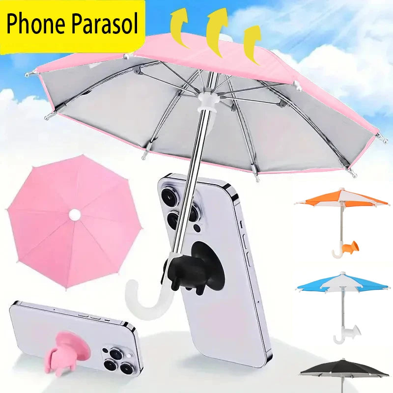 A pink umbrella is shown with a phone parasol stand and various suction cup phone holders.