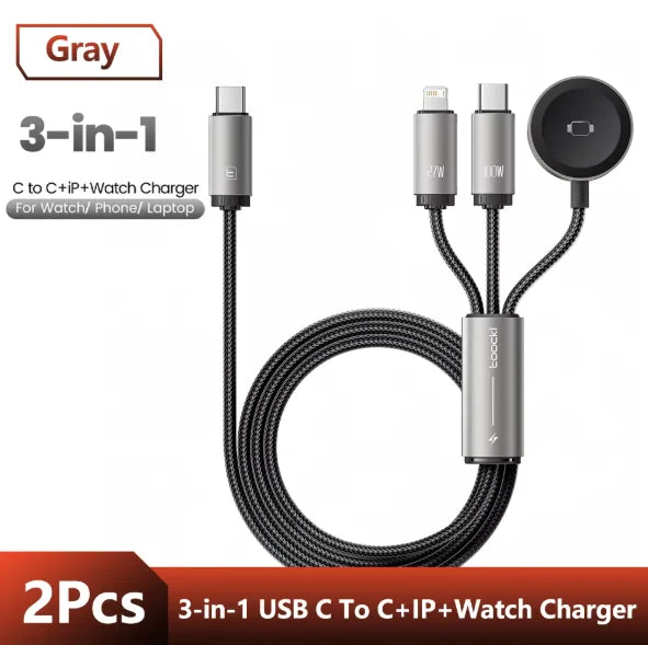كابل شاحن ساعة USB-C إلى IP بثلاثة في واحد مع موصلات متعددة لشحن الأجهزة