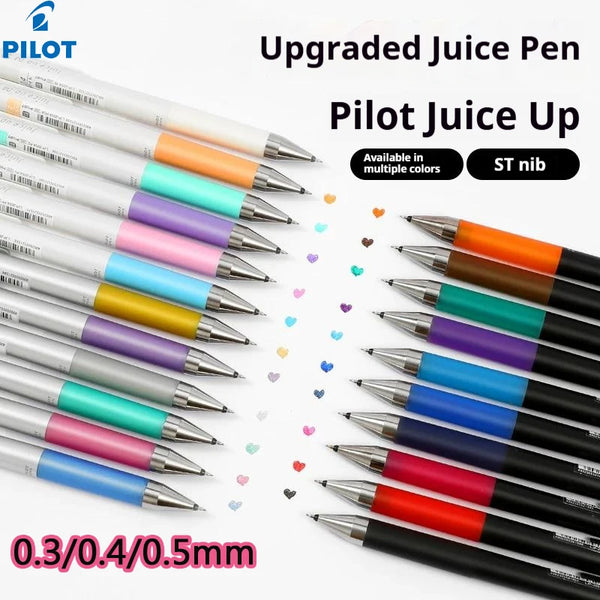 A set of upgraded Pilot Juice Up fine point gel pens in various colors and sizes, including 0.3, 0.4, and 0.5mm nibs.