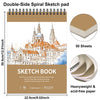 A double-side spiral sketch pad featuring a detailed cityscape illustration and 50 sheets of heavyweight acid-free paper.