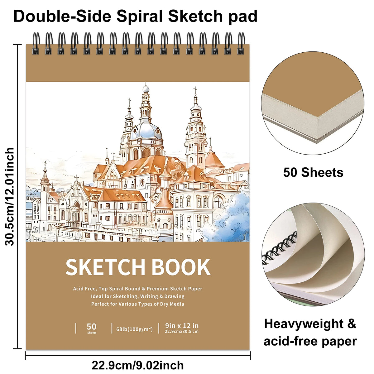A double-side spiral sketch pad featuring a detailed cityscape illustration and 50 sheets of heavyweight acid-free paper.