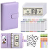 A purple A6 PU leather budget binder with cash envelopes and a sheet of paper.