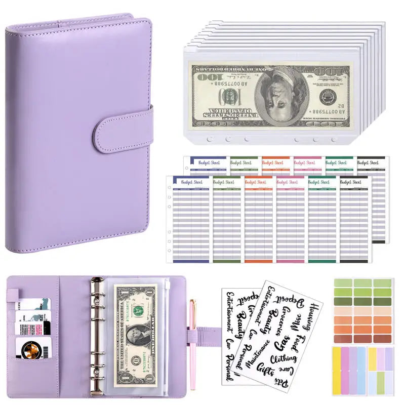 A purple A6 PU leather budget binder with cash envelopes and a sheet of paper.