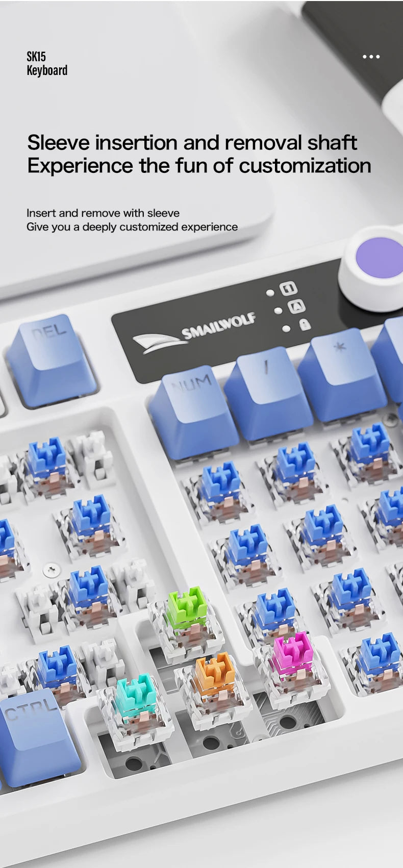 Close-up of a custom mechanical keyboard featuring various colored and shaped keycaps and switches for customization