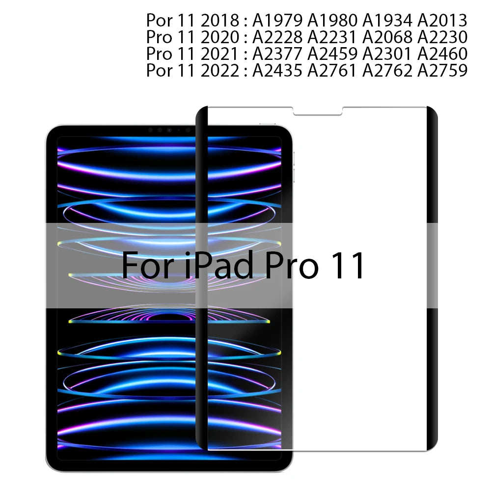Película magnética para iPad Pro 11 mostrando códigos de productos y la pantalla del dispositivo.