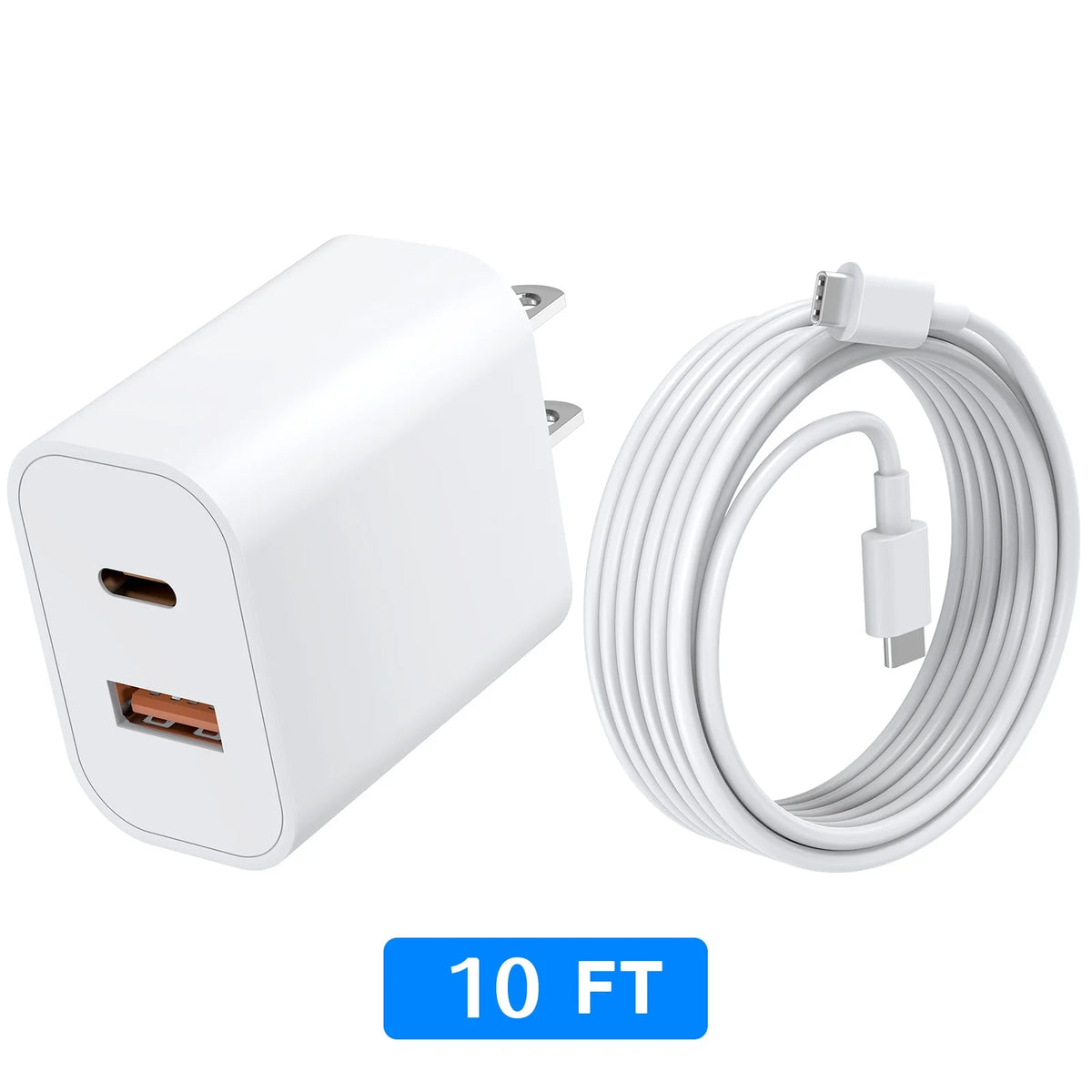 A white 20W dual-port USB-C fast charging cable coiled and shown next to its connector head.