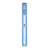 A slender, light blue reusable injection pen with a silver collar and black cap.