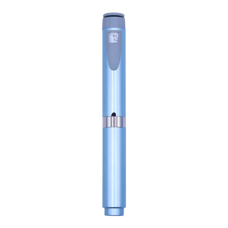 A slender, light blue reusable injection pen with a silver collar and black cap.