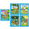 A set of five illustrated pages featuring cartoon animals and nature scenes for a magic water drawing and coloring notebook.