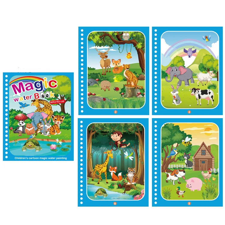 A set of five illustrated pages featuring cartoon animals and nature scenes for a magic water drawing and coloring notebook.
