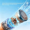 A portable clip-on handheld cooling fan is shown blowing a stream of air with snowflake patterns.