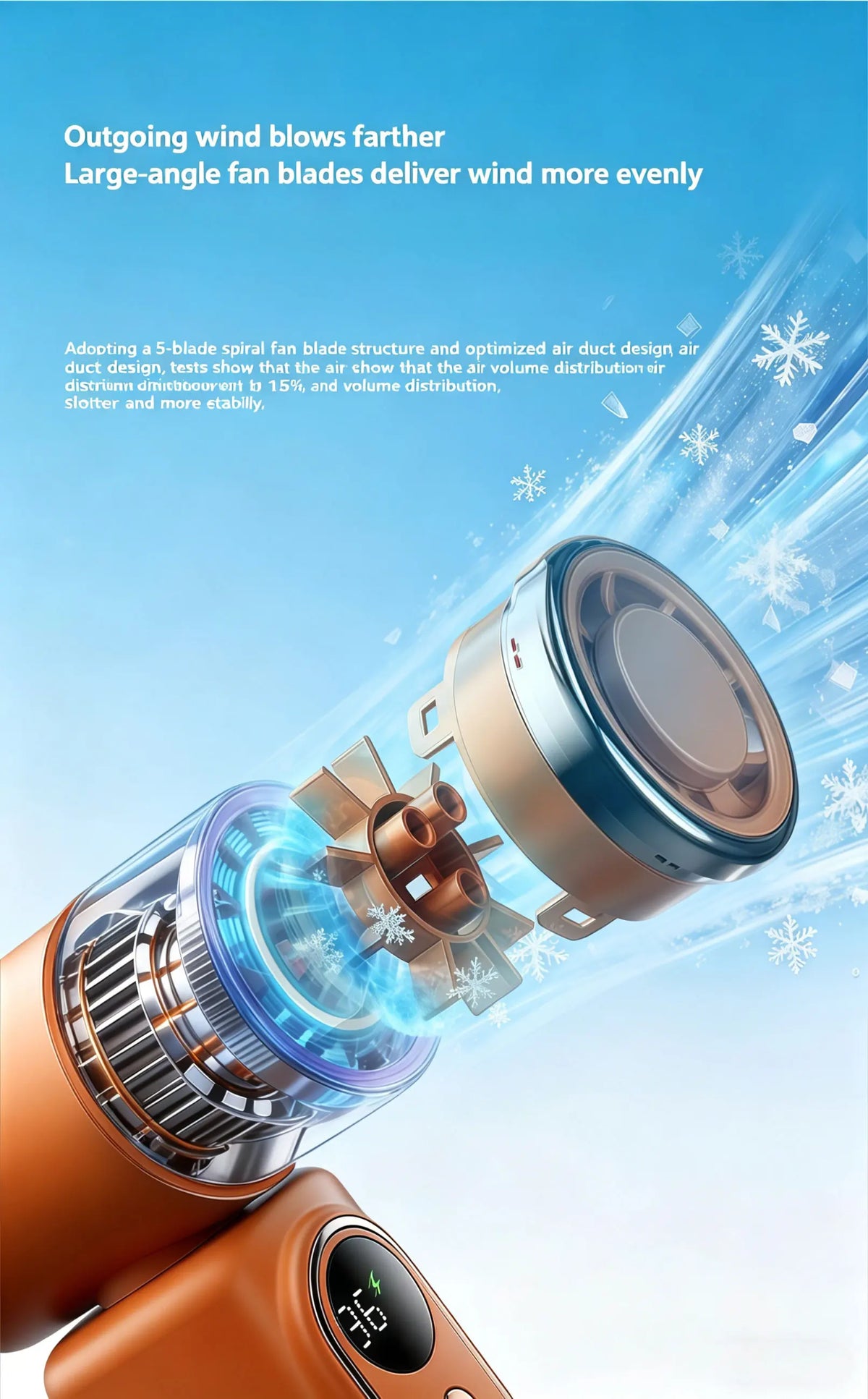 A portable clip-on handheld cooling fan is shown blowing a stream of air with snowflake patterns.