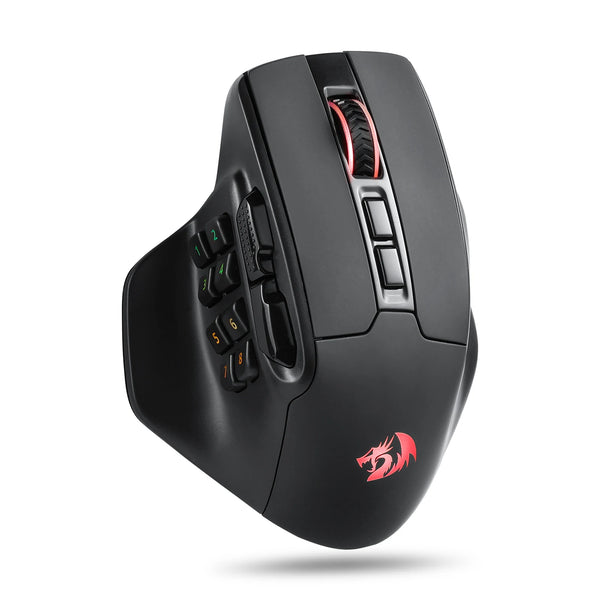 A black wireless MMO gaming mouse with programmable buttons and an RGB accent.