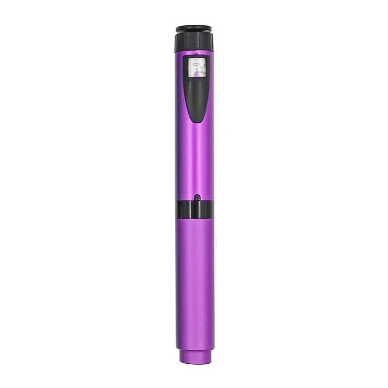 A purple reusable injection pen with an adjustable cartridge and a digital display.