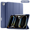 Dark blue silicone protective case and stand for an iPad Pro tablet.