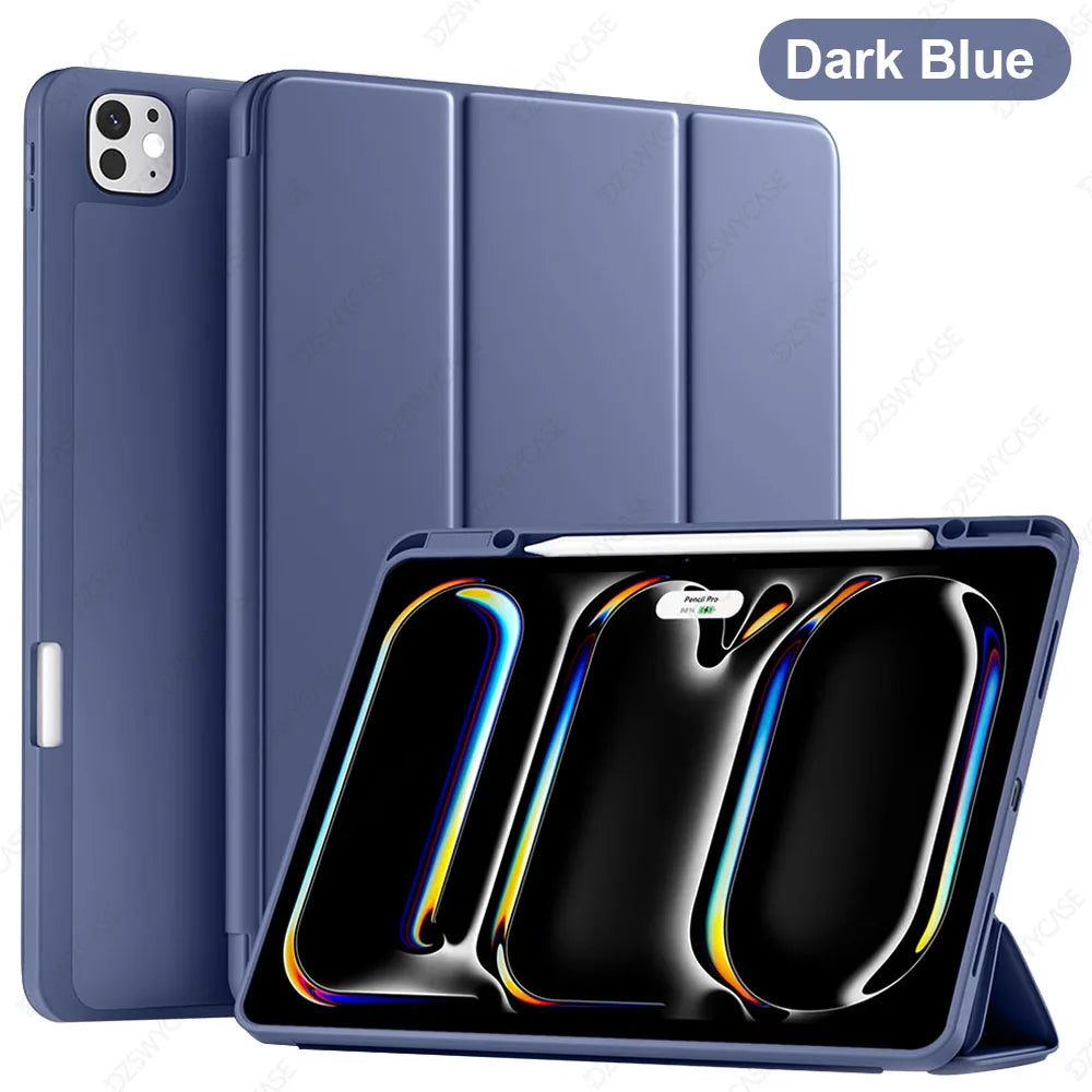 Dark blue silicone protective case and stand for an iPad Pro tablet.