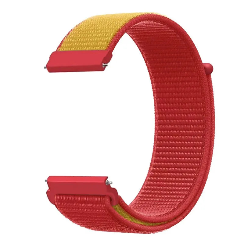 A red and yellow nylon loop watch strap for a kids' watch, shown from the side.