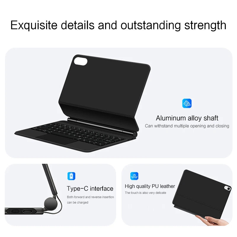 Clavier flottant magnétique noir pour iPad, montrant ses détails et sa force.