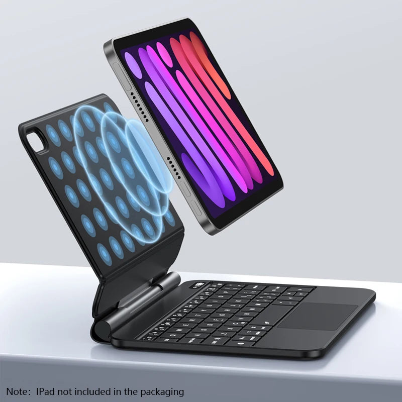 Una carcasa de teclado mágico negra retroiluminada junto a un iPad, mostrando líneas de luz coloridas.