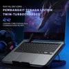 A laptop is placed on an adjustable RGB cooling pad with a phone holder, demonstrating its twin-turbocharged cooling features