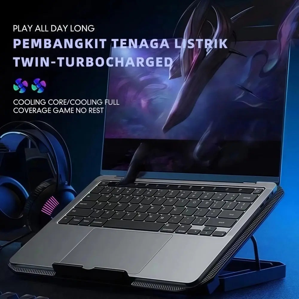 A laptop is placed on an adjustable RGB cooling pad with a phone holder, demonstrating its twin-turbocharged cooling features