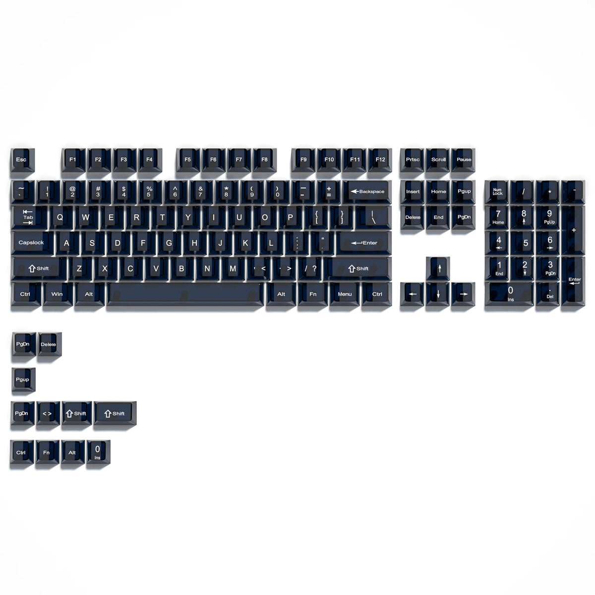 A close-up view of a full mechanical keyboard with crystal clear RGB keycaps and various function keys.