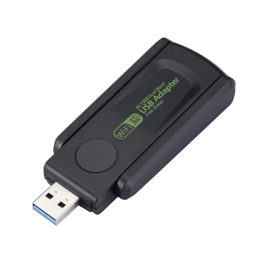 محول USB أسود للواي فاي، يحمل اسم AC1300 Dual Band مع برنامج تشغيل مجاني.