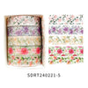 A set of five rolls of floral patterned washi tape for journals and crafts, displayed in a box.