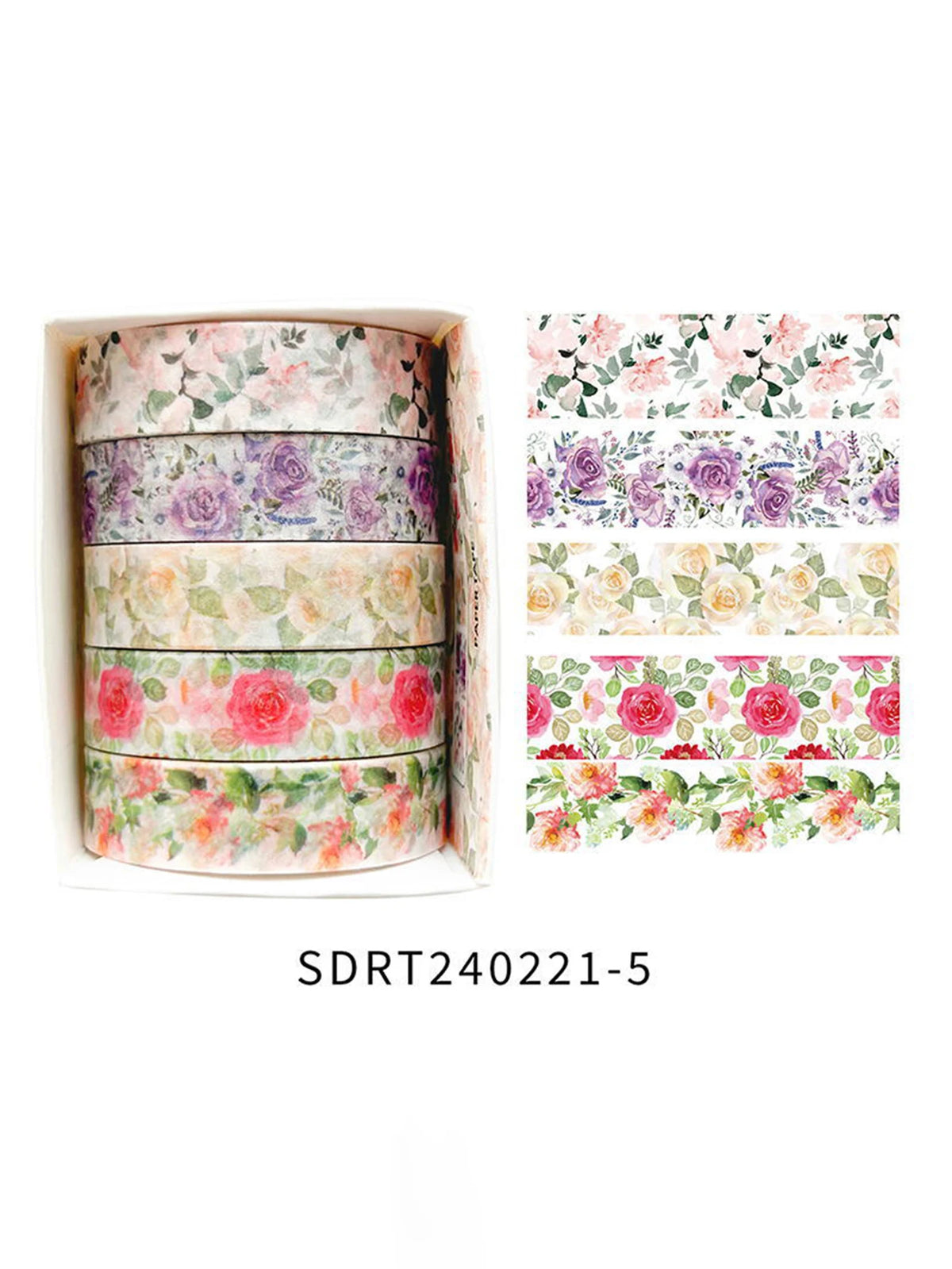 A set of five rolls of floral patterned washi tape for journals and crafts, displayed in a box.