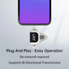 A close-up of a plug and play card reader device next to a smartphone screen displaying a purple interface.