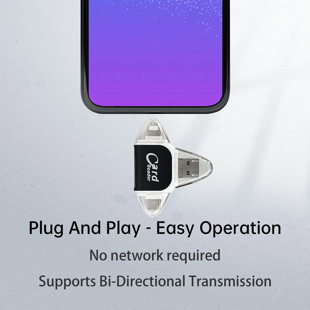 A close-up of a plug and play card reader device next to a smartphone screen displaying a purple interface.