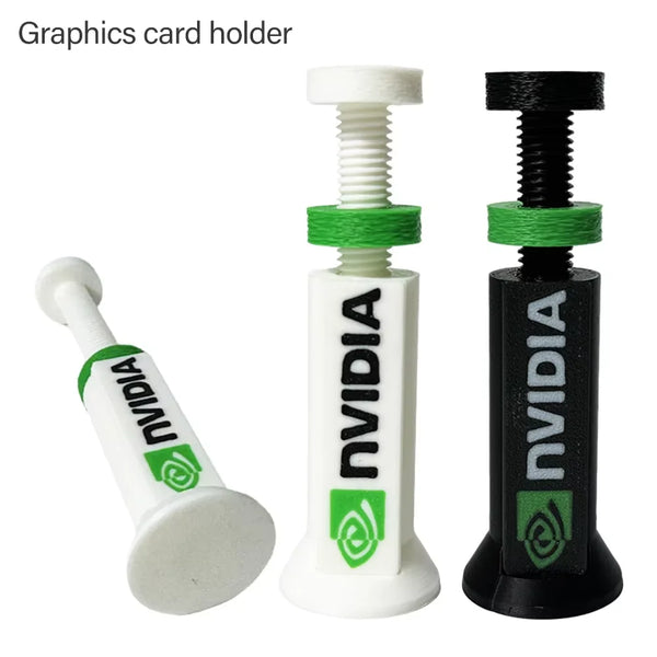A set of adjustable plastic brackets for holding a graphics card, shown in white and black.