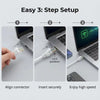 Three steps for setup showing aligning a connector, inserting a card, and enjoying high speed with an Ethernet cable.