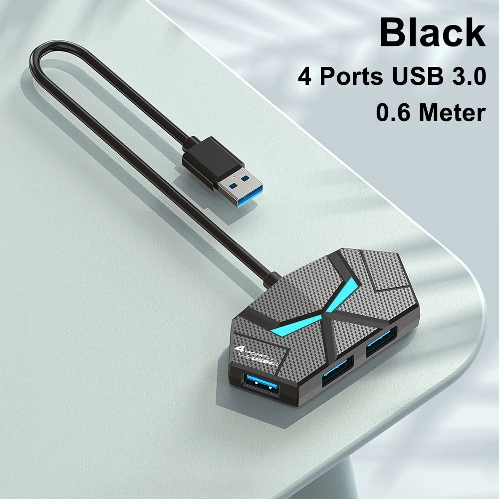 Black USB 3.0 multi-port hub with a cable and power port shown on a light surface.