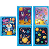 A set of five pages from a magic water book featuring cartoon illustrations of space, planets, and celestial bodies.