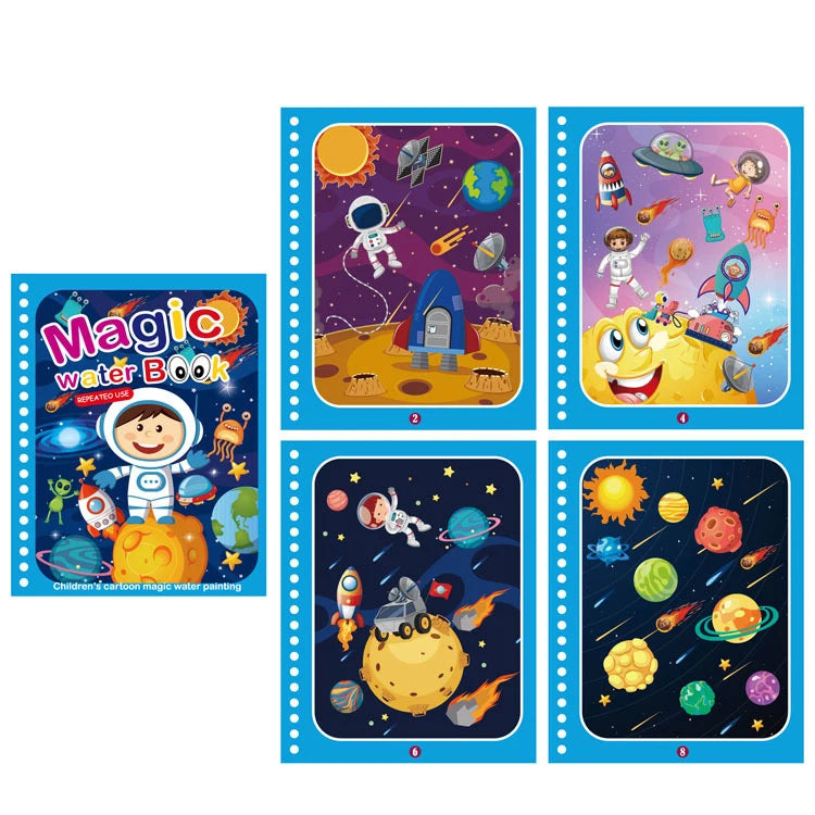 A set of five pages from a magic water book featuring cartoon illustrations of space, planets, and celestial bodies.