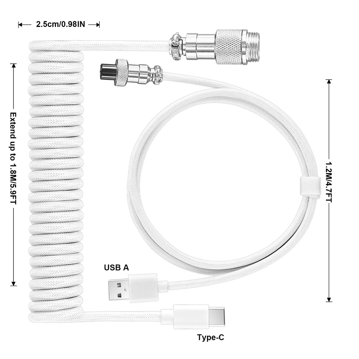 White braided USB-C to USB keyboard cable with extension and Type-C connector.