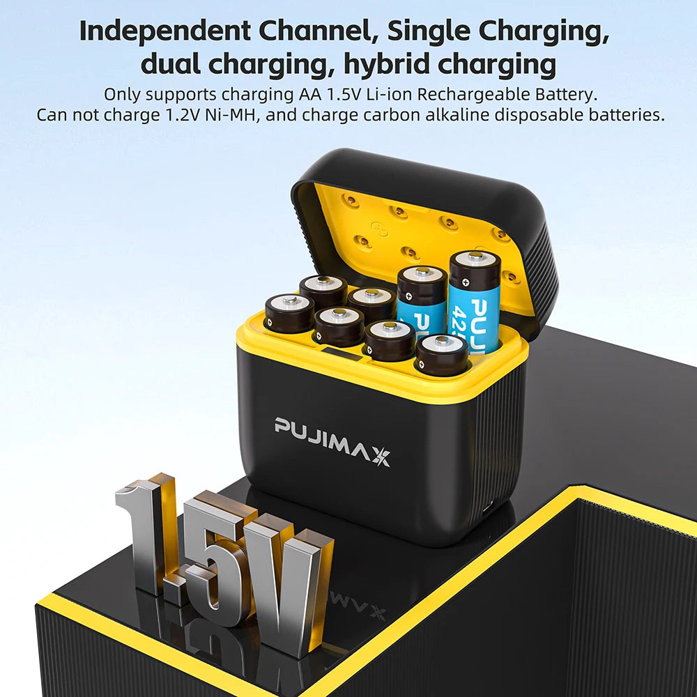 A black battery charger with a yellow casing is shown next to 15V lithium batteries.