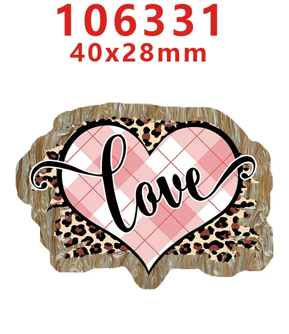 A pink plaid heart shape with the word love written in black script on a natural wood background.