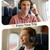 A young man and a girl are smiling while wearing foldable Bluetooth headphones on an airplane seat.