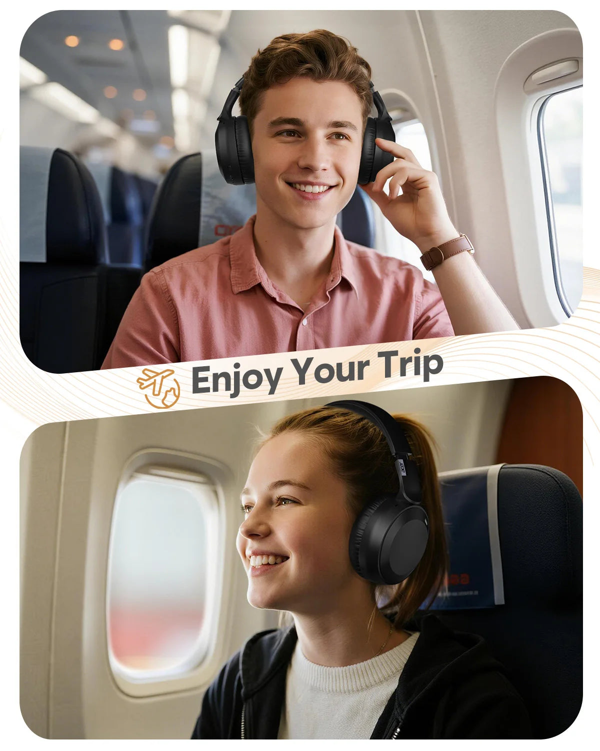 A young man and a girl are smiling while wearing foldable Bluetooth headphones on an airplane seat.