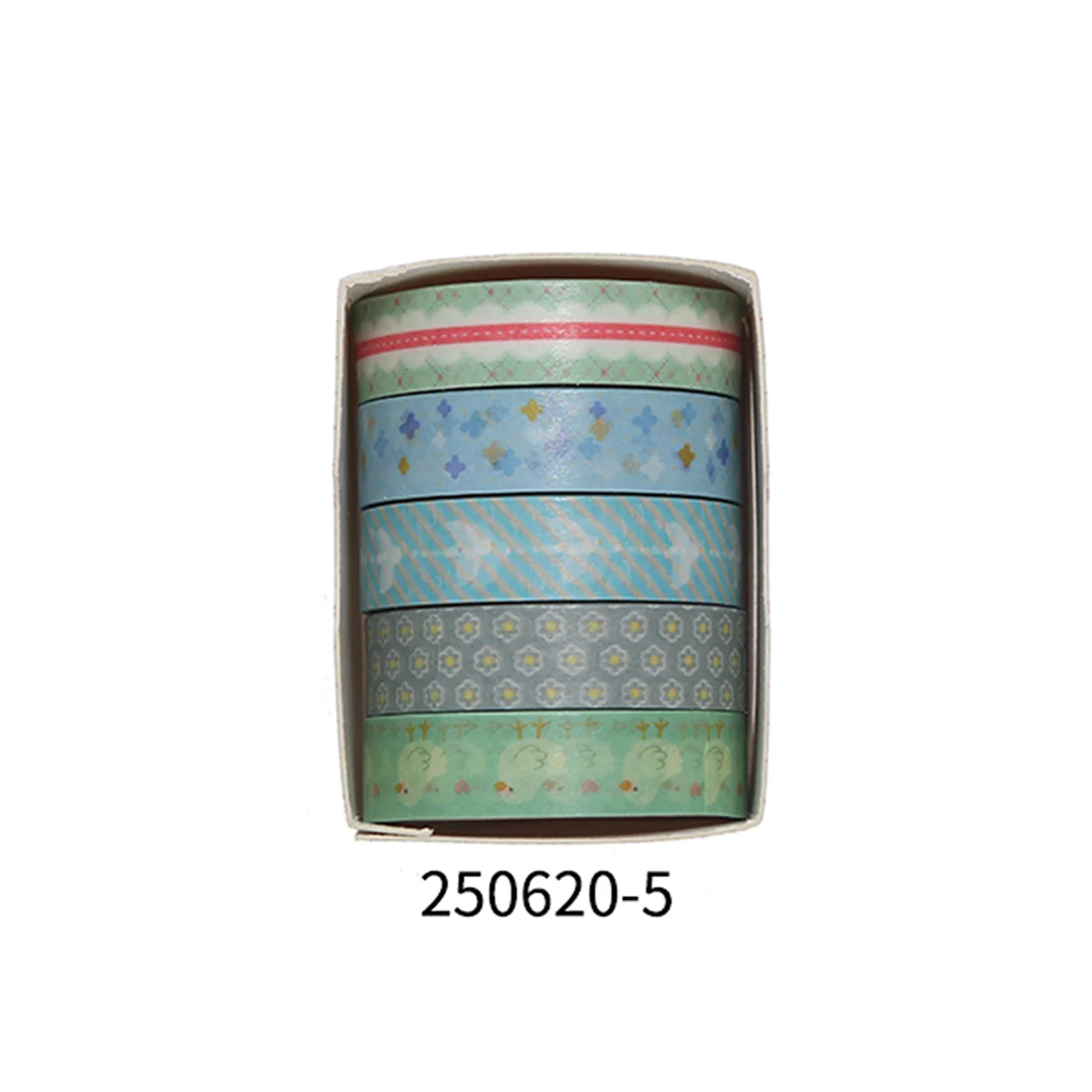 A set of five rolls of decorative floral patterned washi tape in various shades of blue and green.