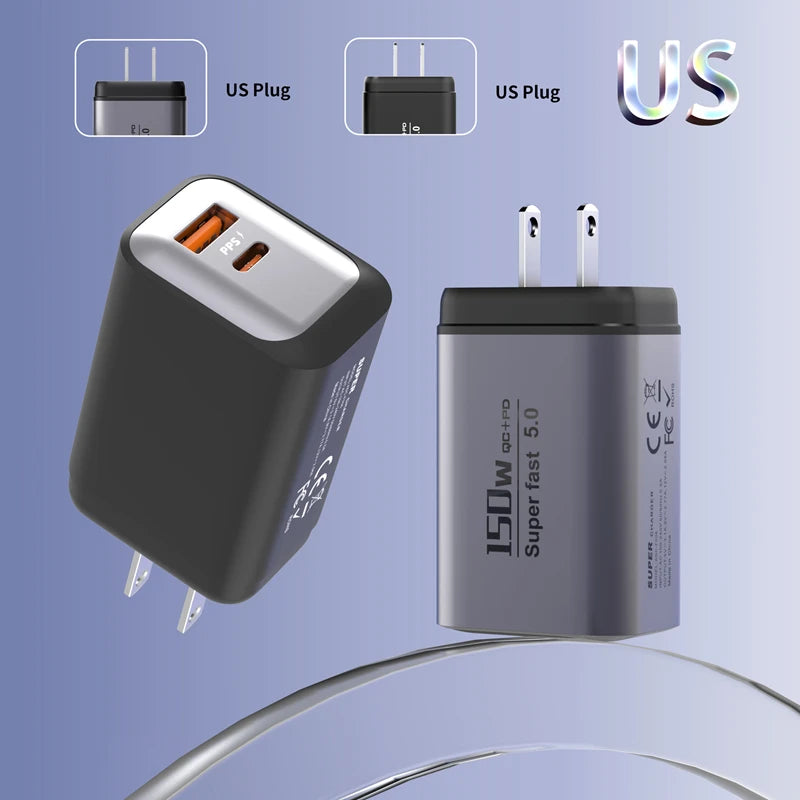 A gray wall charger with two USB plugs is shown next to its US plug adapter.