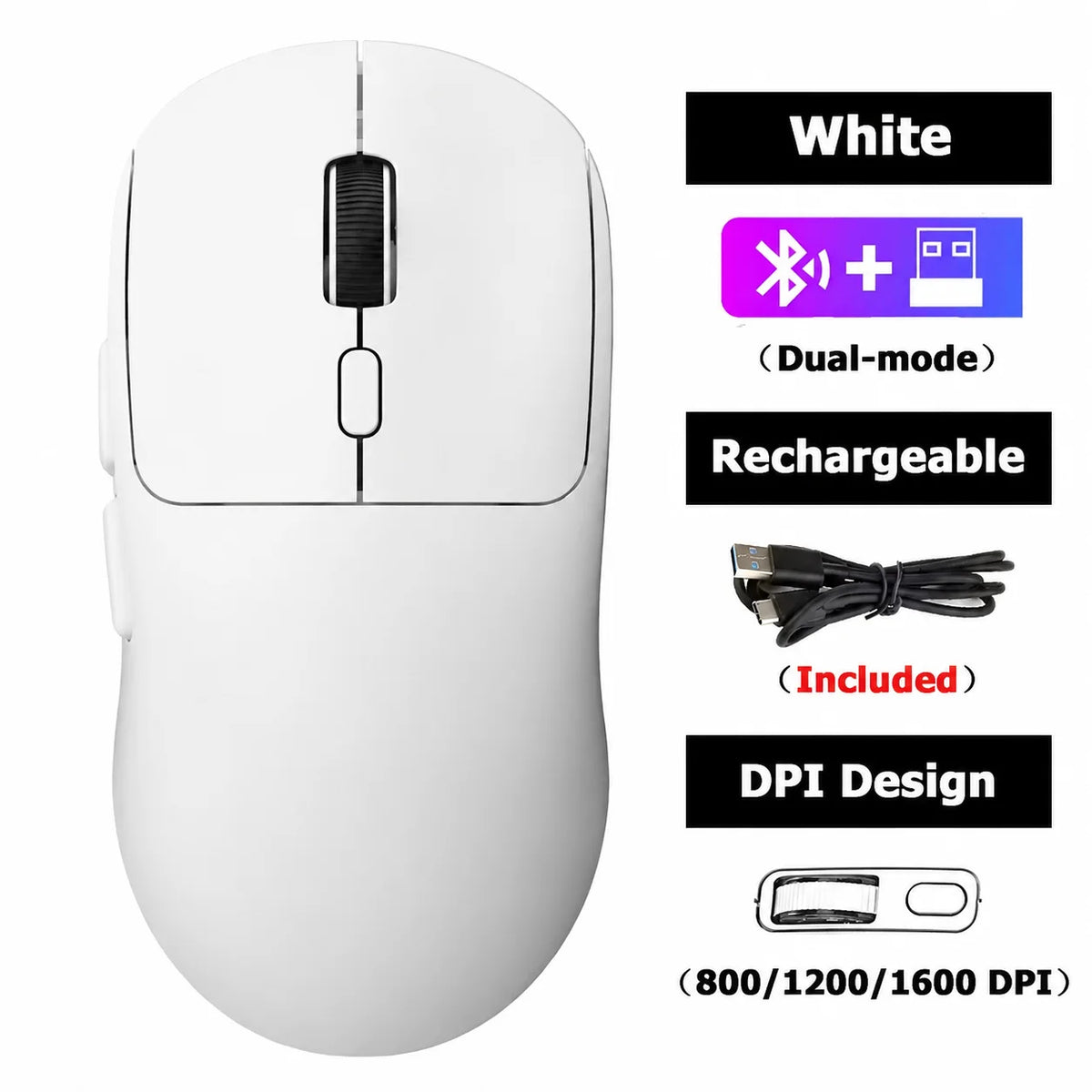 Souris sans fil rechargeable bi-mode blanche avec fonctionnalités DPI