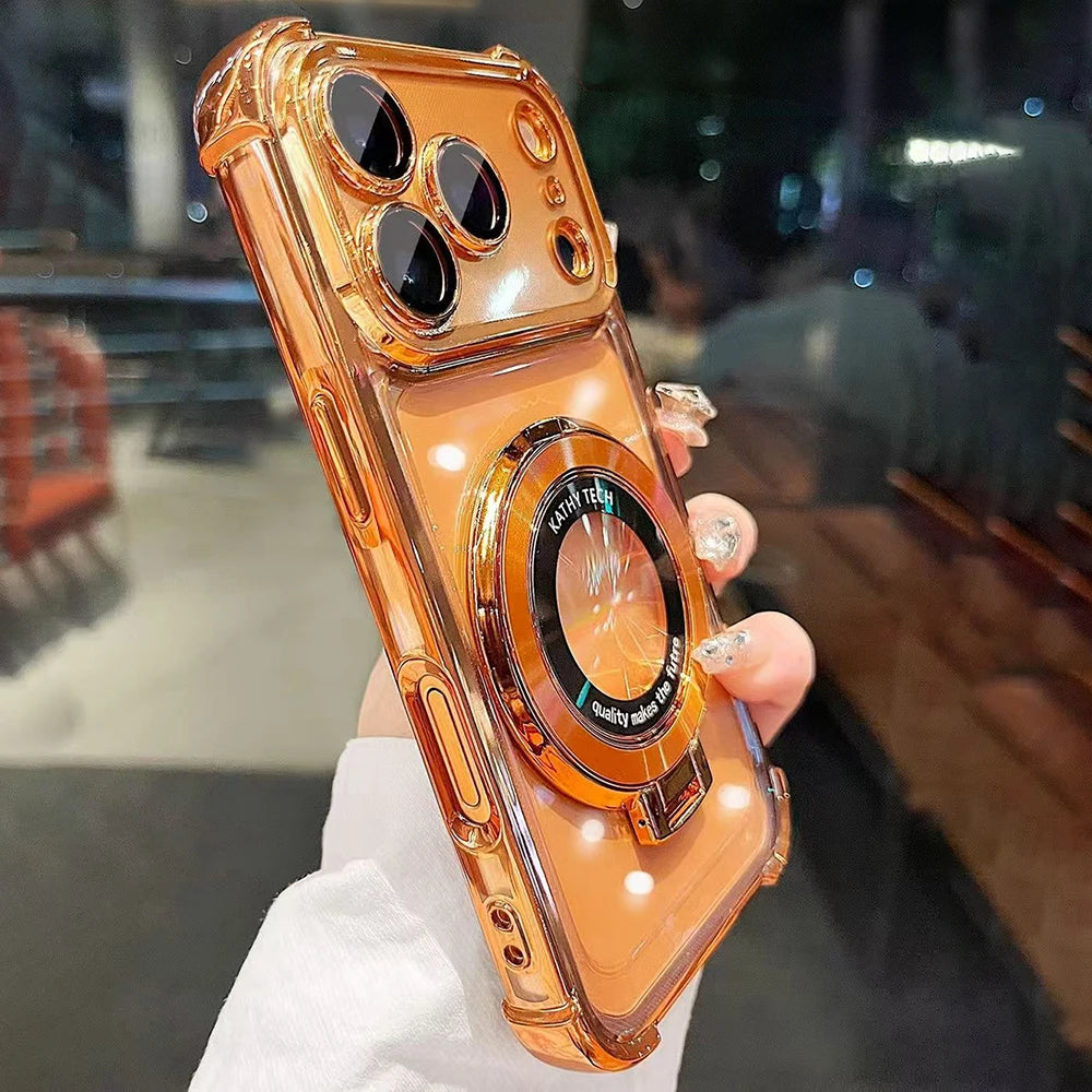 A close-up photo of an orange iPhone magnetic stand case with a kickstand and lens protection being held by a hand.