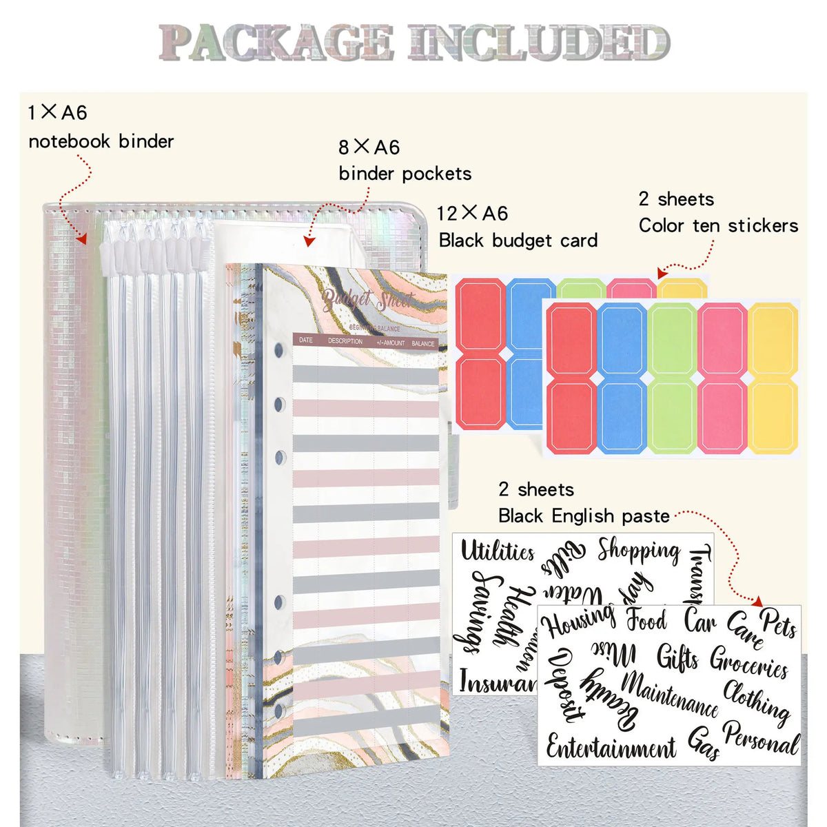 Un paquet comprenant un classeur de cahier, des cartes budgétaires et des autocollants pour un set de planificateur de taille