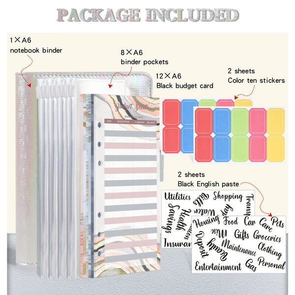 A package including a notebook binder, budget cards, and stickers for an A6 size planner set.