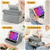 A multi-angle tablet and phone stand in gray, shown in various contexts for fun, work, cooking, and reading.