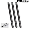 Three black stylus pens with silver tips shown next to a close-up view of the pen tip.